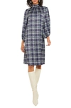 Misook Pleated Mock Neck Crepe De Chine Printed A-line Dress In Oceanic/mult