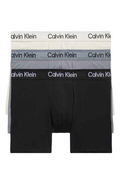 Calvin Klein Cotton Stretch Mid Rise Stencil Logo Waistband Boxer Briefs, Pack Of 3 In Black/moonbeam/shining Armor