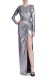 JEWEL BADGLEY MISCHKA JEWEL BADGLEY MISCHKA METALLIC LONG SLEEVE GOWN