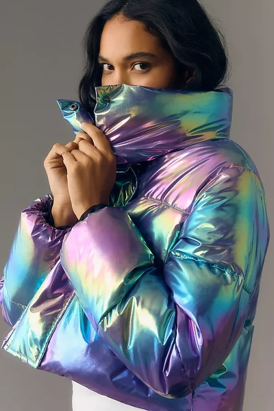 Unreal Fur Fractals Holographic-effect Padded Jacket In Multicolor