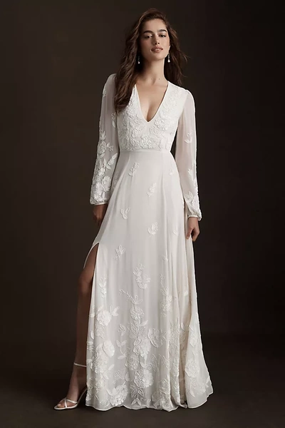 Bhldn Nassau Long-sleeve Deep-v Embroidered Side-slit Wedding Gown In White