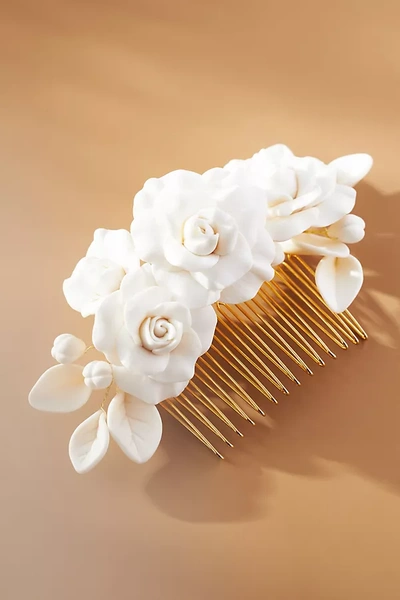 Twigs & Honey Hand-sculpted Rose Bloom Hair Comb In White