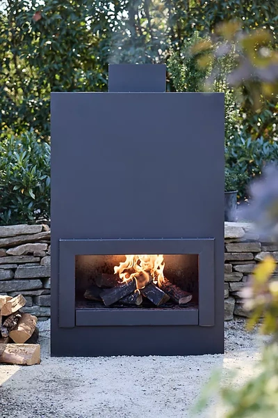 Terrain Weathering Steel Planed Outdoor Fireplace In Blue