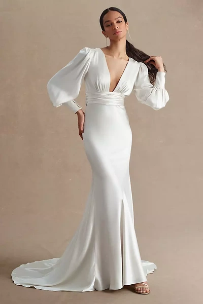 Watters Clara Plunge V-neckline Puff-sleeve Bias-cut Charmeuse Wedding Gown In White