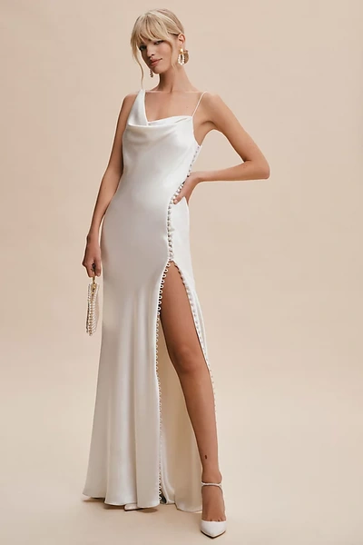 Watters Mirall Cowl-neck Button-slit Satin Sheath Wedding Gown In White