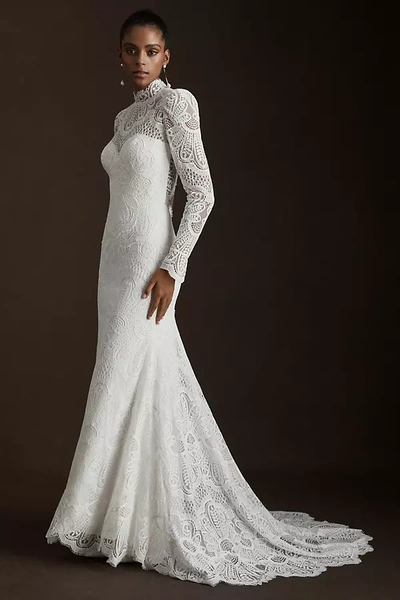 Watters Willowby By Orianna High neck Open back Lace Wedding Gown In White ModeSens
