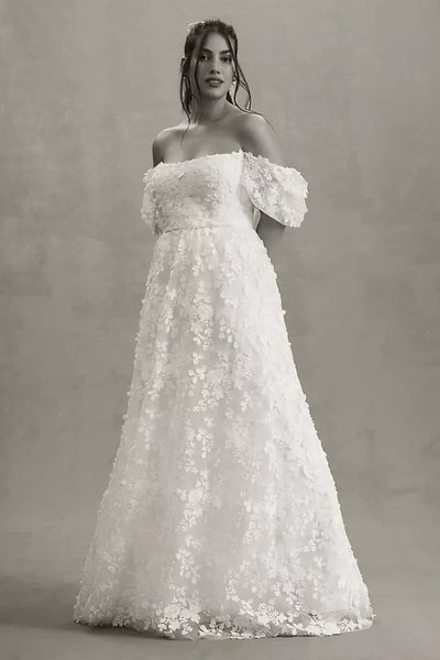 Watters Willowby By  Lilia Puff-sleeve Lace Empire Wedding Gown In White