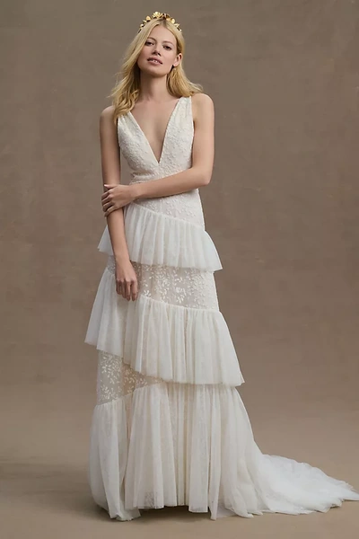 Bhldn Otto V-neck Tiered Tulle Wedding Gown In White