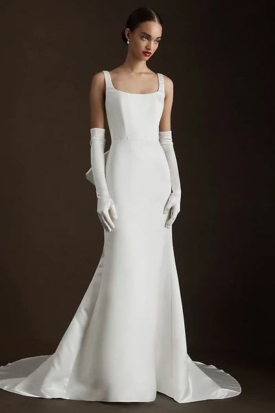 Watters Wtoo By  Laurie Square-neck Bow Satin Wedding Gown In White