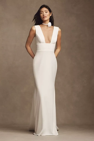 Watters Wtoo By  Chloe Sleeveless Plunge Crepe Column Wedding Gown In White