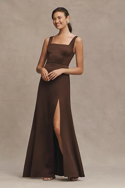 Bhldn Sophia Square-neck Satin Maxi Dress In Brown | ModeSens