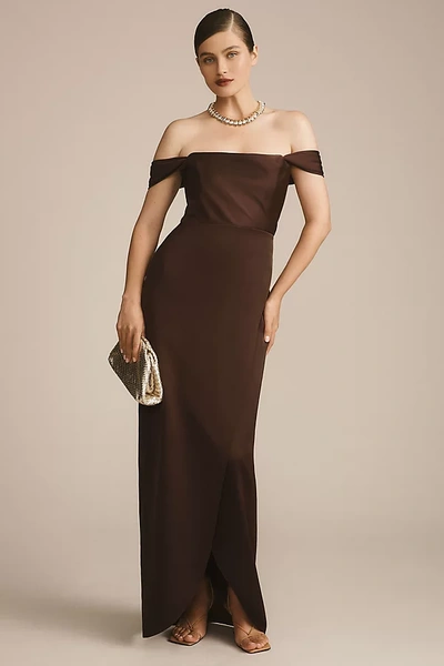 Bhldn Cleo Off-the-shoulder Satin Maxi Dress In Brown