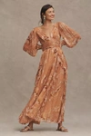 Bhldn V-neck Long-sleeve Printed Chiffon Gown In Brown