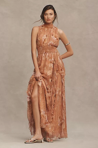 Bhldn High-neck A-line Chiffon Gown In Brown