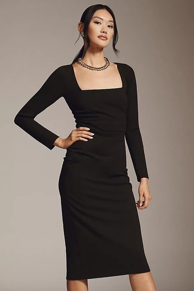 Bhldn Larisa Square-neck Long-sleeve Stretch Crepe Midi Dress In Black