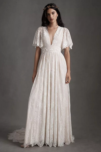 Bhldn Katarina Butterfly-sleeve V-neck Empire Embroidered Wedding Gown In White