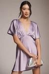 Bhldn Leila High-shine Satin Deep-v Mini Dress In Purple