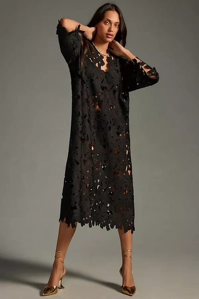 By Anthropologie Floral Eyelet Kaftan In Black