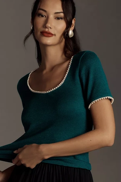 Canapé Pearl-trim Scoop-neck Tee In Green
