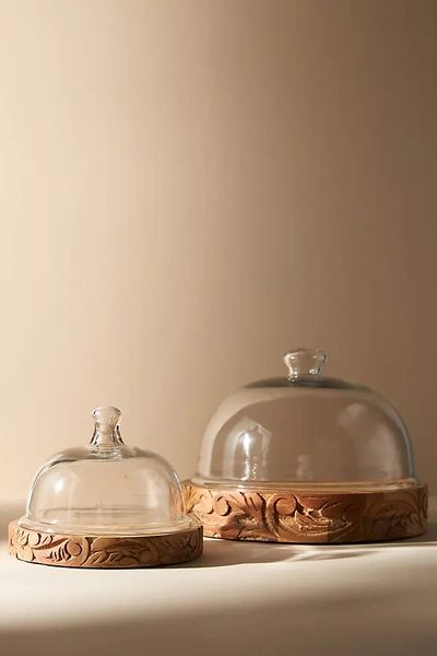 Anthropologie Carved Wooden Cake Stand With Glass Dome