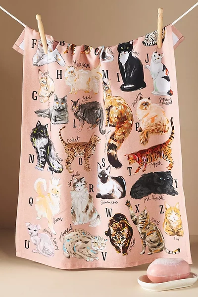 Anthropologie Cat Breeds A-z Dish Towel In Pink