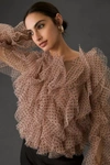 Dolan Left Coast Dolan Mesh Ruffle Blouse In Beige