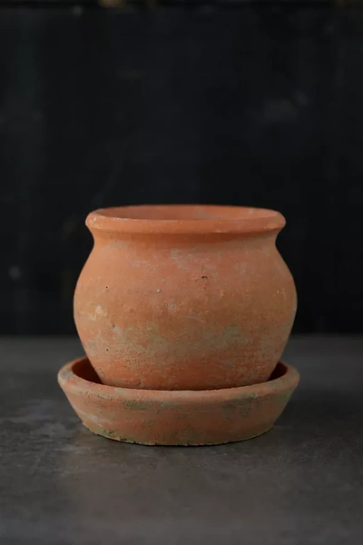 Terrain Earth Fired Clay Natural Curve Pots + Saucers, Set Of 3 Sizes In Brown