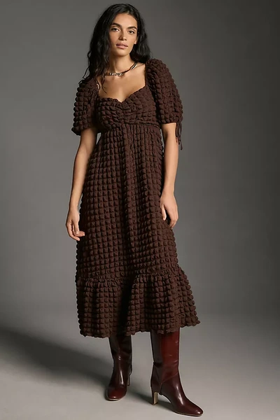 Endless Rose Puff-sleeve Sweetheart Textured Midi Dress In Brown