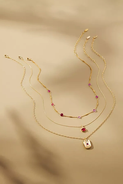 By Anthropologie Gold-plated Birthstone Necklaces, Set Of 3 In Pink