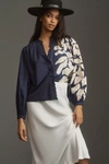 Forever That Girl Printed Ruffle Buttondown Blouse In Blue