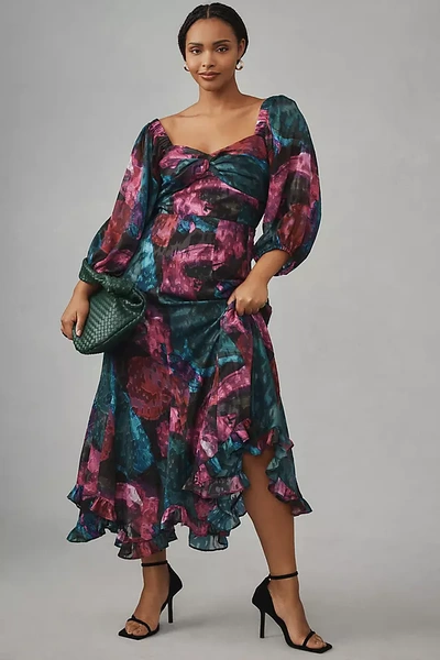 HUTCH PRINTED TWIST-FRONT PUFF-SLEEVE RUFFLE-HEM DRESS 