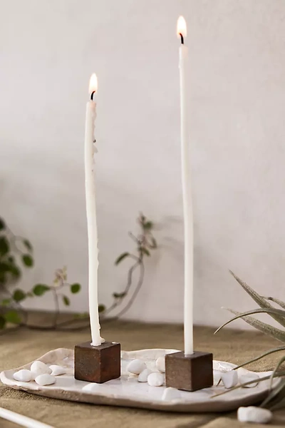 Terrain Iron Cube Taper Holder Pair + Candles (set Of 20) In Beige