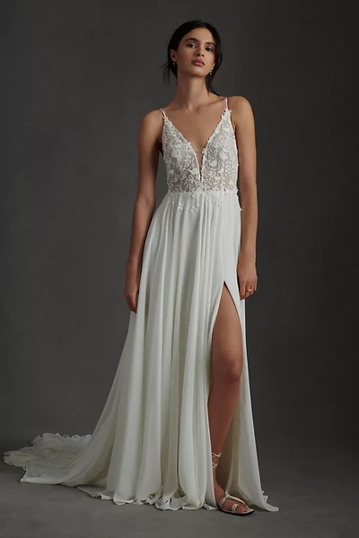 Jenny Yoo Jenny By  Kelsey Chiffon & Lace V-neck A-line Wedding Gown In White