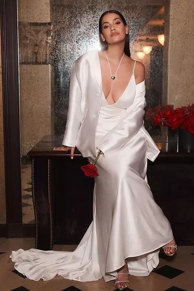 Jenny Yoo Jenny By  Marnie Bias-cut Satin V-neck Scoop-back Wedding Gown In White