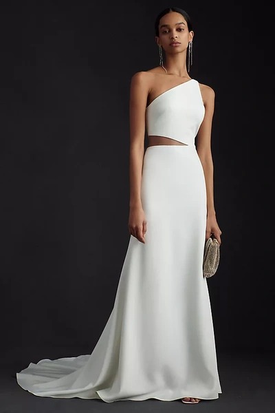 Jenny Yoo Blanca Fit & Flare One-shoulder Illusion Crepe Wedding Gown In White
