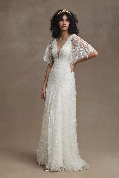 Jenny Yoo Jenny By  Lourdes V-neck Convertible-sleeve Lace Wedding Gown In White