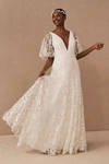 Jenny Yoo Jenny By  Lourdes V-neck Convertible-sleeve Lace Wedding Gown In Beige