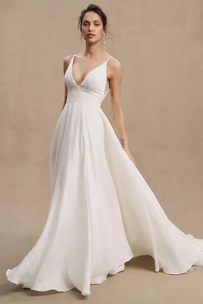 Jenny Yoo Persephone V-neck A-line Jacquard Wedding Gown In White