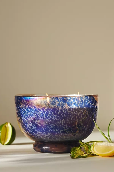 Anthropologie Laney Floral Lily Cheena Glass Candle In Blue
