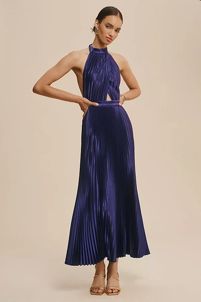 L'idée L'idee Renaissance Halter Side-slit Pleated Maxi Dress In Regal Blue