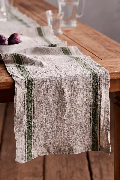 Terrain Lithuanian Linen Runner, Green Stripe In Pink