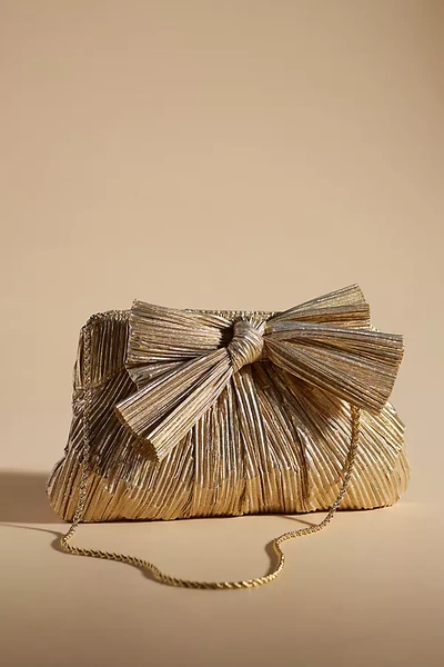 Loeffler Randall Rayne Bow-embellished Plissé-organza Clutch In Dune/gold