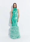 LAPOINTE SEQUIN HALTER OPEN BACK GOWN WITH FEATHERS