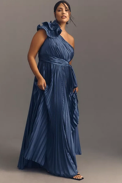 Mac Duggal Plus Pleated One-shoulder Rosette Gown In Blue