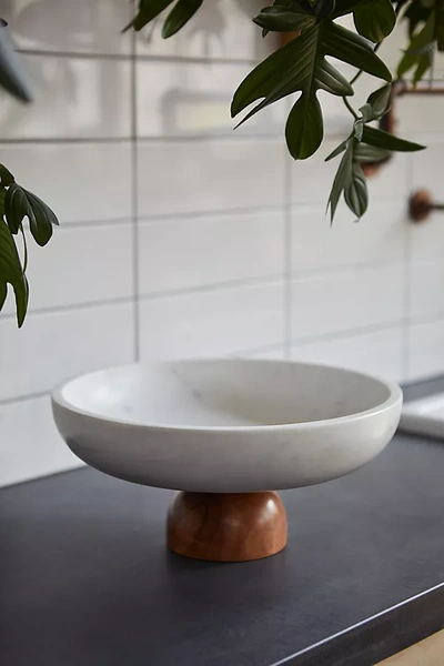 Terrain Marble + Wood Footed Serving Bowl In Gray