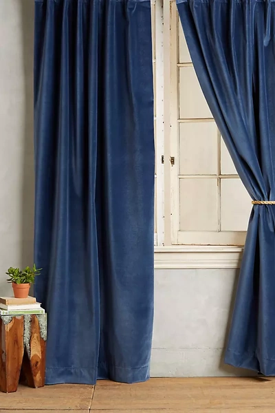 Anthropologie Matte Velvet Curtain In Blue