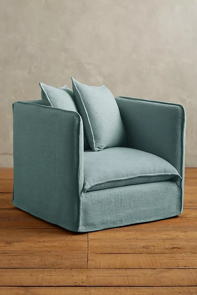 Anthropologie Basketweave Linen Carlier Slipcover Armchair In Blue