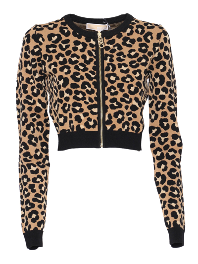 Michael Kors Leopard Jacquard Knit Zip Cardigan In Beige