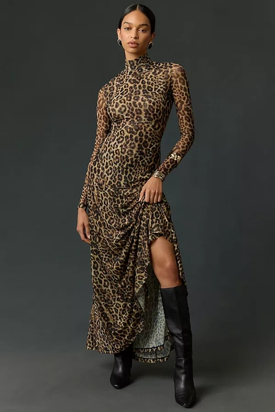 Ronny Kobo Ember Long-sleeve Mock-neck Printed Maxi Dress In Brown