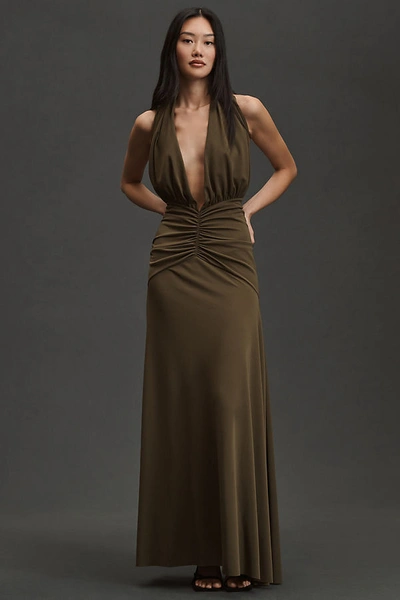 Ronny Kobo Hunter Hooded Sleeveless Plunge Maxi Dress In Brown